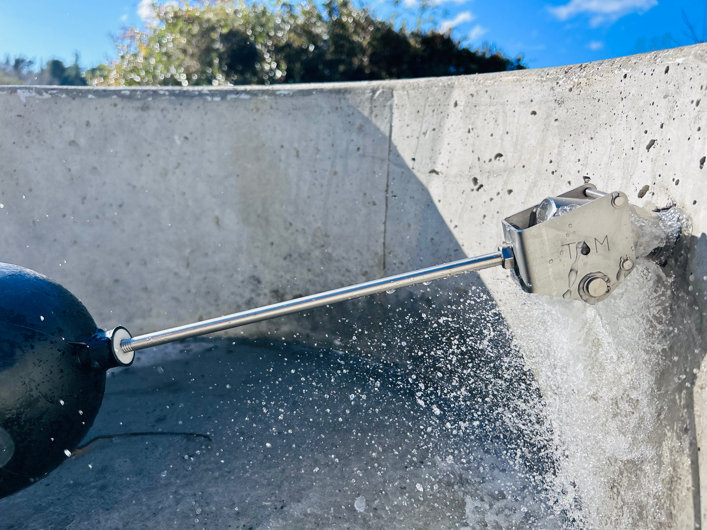 Close-up of 3/4 inch stainless steel float valve for water tanks