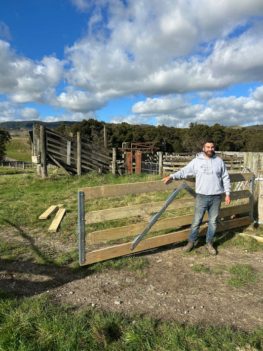 Kit-Set Gate with steel frame fully assembled on farm